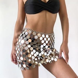 Detail of silver sequin body chain skirt showing the metallic mesh structure and mirror shine