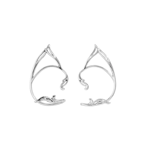 Silver hollow elf ear cuffs with cat ear silhouette and minimalist fantasy style
