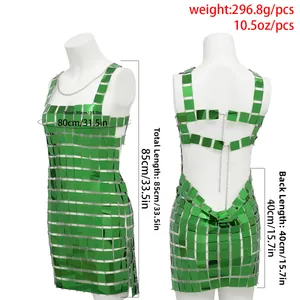 Size chart for the green sequin backless mini dress with body chain measurements