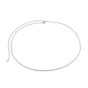 Detail view of silver geometric body chain with leaf shaped metal accents and lobster clasp