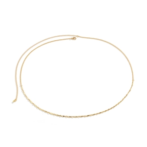 Detailed view of golden geometric waist chain with lobster clasp and twisted metal bars
