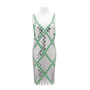 Vestido sexy de cadena corporal con lentejuelas plateadas y verdes con cuello en V