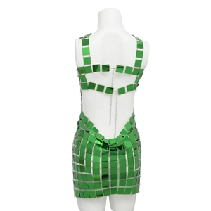 Detail view of the back of a green metallic sequin party body chain dress on a white mannequin