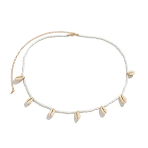 Bohemian white seed bead body chain with natural seashell pendants and gold extension chain