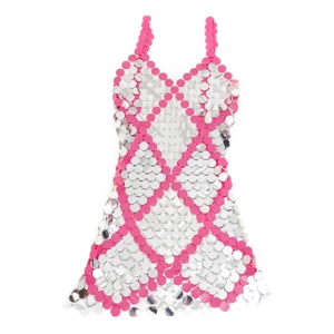 Vestido de cadena corporal con lentejuelas rosa y plata con diseño geométrico y cuello en V
