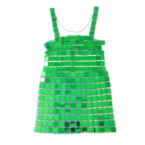 Sexy emerald green sequin body chain dress with square acrylic tiles and metallic finish
