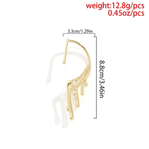 Detailed view of gold liquid metal ear cuff showing 8.8cm length and 12.8g weight