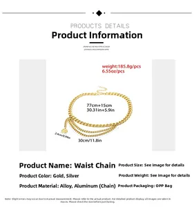 Detailed view of layered alloy waist chain with coin pendants and adjustable links