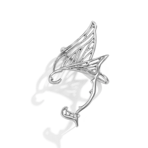 Detail of silver elven wing ear cuff with intricate hollow design and sparkly rhinestones