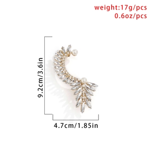 Detailed view of silver elf ear cuff with rhinestones and pearls including dimensions