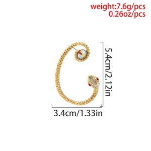 Detailed view of a gold snake ear cuff with rhinestones and precise size measurements