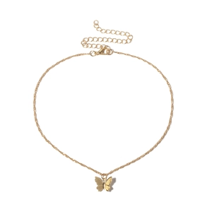 Minimalist gold butterfly pendant necklace with geometric cross chain and adjustable clasp