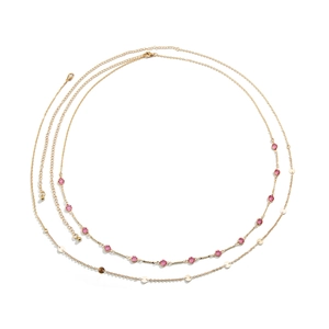 Double-layer gold body chain featuring pink rhinestones and metallic circular sequins