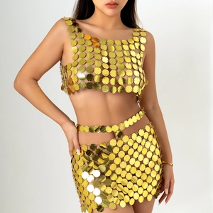 Sexy Haut de Bikini à Paillettes Disque Miroir Et Mini Jupe Femme Or Argent Chaîne de Corps Ajouré pour Fête Club Festival de Musique Accessoire de Mode