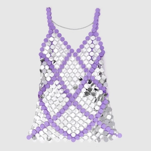 Mini abito con paillettes argento e viola con scollo a V e spacco laterale alla moda