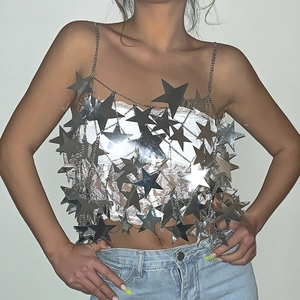 Catena per il corpo argentata con paillettes a stella e frange per feste e club
