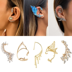 Unique rhinestone ear cuffs and dragon wrap earrings for non-pierced ears shown on models