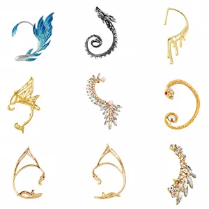 Collection of crystal ear cuffs and elven ear wraps with dragon and feather designs