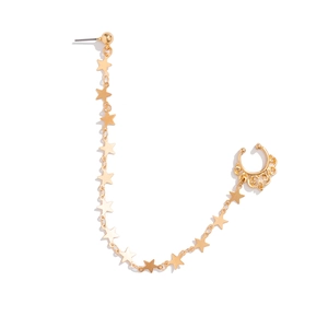 Detailed view of gold punk chain earrings featuring small hanging stars and pearl accents