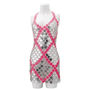 Sexy vestito a schiena nuda con paillettes colorate e motivi a rombi rosa e argento