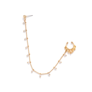 Exotic punk style gold tassel chain earring with faux pearl and filigree nose clip link