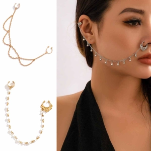 Vintage Bohemian Kunstperle Quaste Nasenkette Zu Ohrring Für Damen Nicht Gepiercter Nasenring Gold Silber Eisen Legierung Körperschmuck