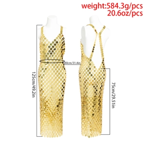 Front and back detail of gold sequin bodycon dress showing sizing and metal texture