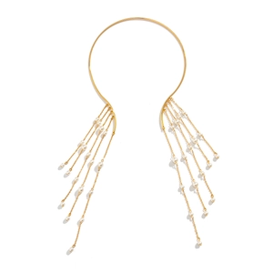 Elegante gouden choker ketting met parelkwastjes en minimalistisch open ringontwerp