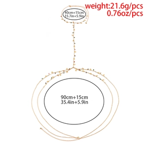 Detailed view of bohemian gold body chain with colorful beads and sizing specifications