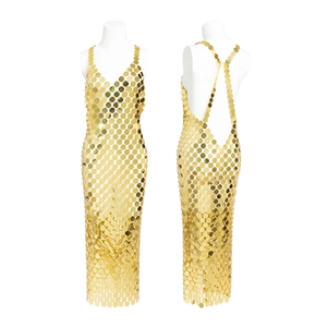 Gold sequin hollow geometric body chain dress with deep V-neck and open back