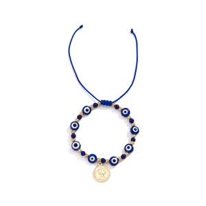 Bracelet perles œil grec bohème avec pendentif pièce Elizabeth II et cordon ajustable