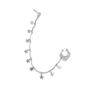 Detailed view of silver butterfly tassel chain connecting nose ring and star ear studs