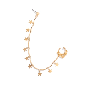 Detailed view of bohemian gold nose ring chain with star charms and vintage engraving