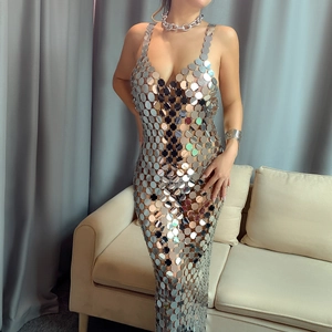 Women Sexy Hollow Out Metallic Disk Halter Mini Dress Sequin Body Chain Splicing Sleeveless Backless Party Clubwear Dress