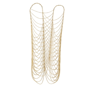 Detail of golden layered tassel body chain with hollow geometric fringe design