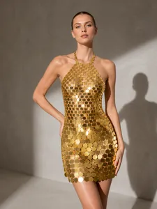 Vestito a Catena con Paillettes Sexy Schiena Scoperta Donna Per Festa Discoteca Minigonna a Rete con Dischi Metallici Gioielli