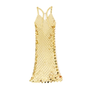 Sexy golden metallic sequin mini dress with spaghetti straps and a glossy finish
