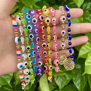 Bracelet Bohème Coloré Oeil de Turquie pour Femmes Pendentif Pièce d'Or Vintage Bijoux Ethniques en Perles de Plastique Réglables