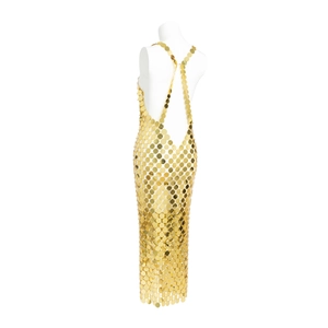 Gold sequin chainmail halter dress with an open back and reflective metal discs
