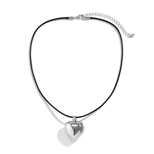 Minimalist silver heart pendant necklace with black wax cord and adjustable lobster clasp