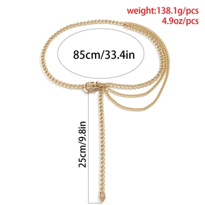 Detail view of multi-layer gold chain belt with dimensions and weight specifications