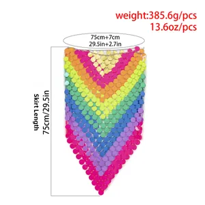 Detailed size chart for colorful sequin fringe skirt with weight and length dimensions