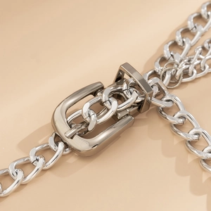 Silver chunky Cuban chain body belt with polished metal buckle for punk fashion style