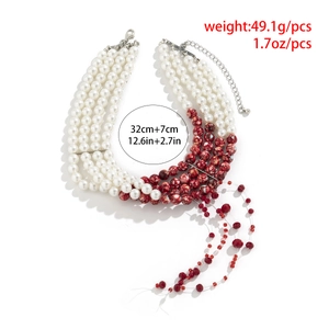 Detailed view of layered white pearl choker with red drip beads, weight 49g, length 32+7cm