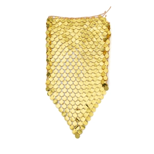 Macro shot of gold sequin body chain showing metallic discs and adjustable chain link