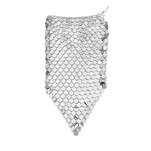 Detailed view of silver metal round sequins connected as a triangular body chain top