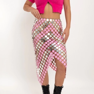 Detail of pink and silver sequin chainmail skirt with metallic link texture