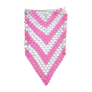 Close-up of pink and silver sequin body chain with V-shaped pattern and metal links