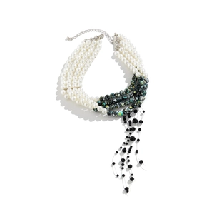 Gothic multi-layer pearl necklace with black beaded tassels and silver alloy clasp