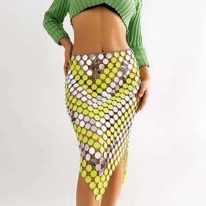 Sexy silver and neon green sequin fringe skirt with metallic chain link mesh design